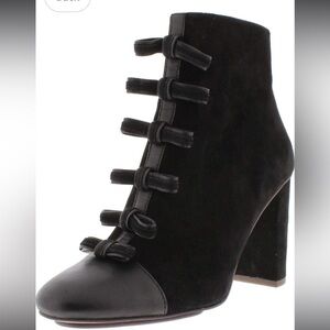 See By Chloe black leather bow front leather block heel booties ankle boot 37.5